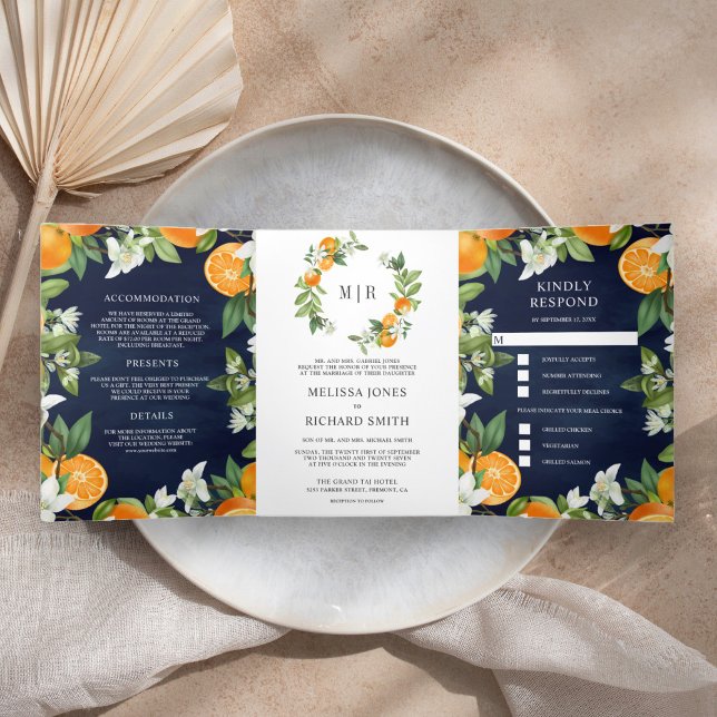 Tangerine Citrus Orange All in One Navy Wedding Tri-Fold Invitation (Creator Uploaded)