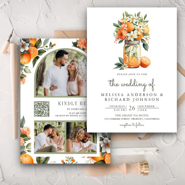 Tangerine Citrus Orange Mason Jar QR Code Wedding Invitation (Creator Uploaded)