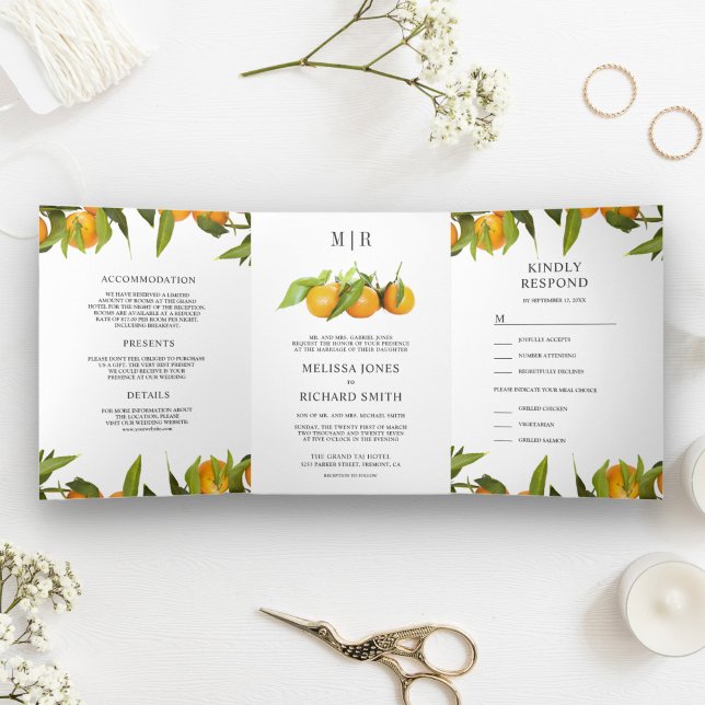 Tangerine Citrus Orange Orchard All in One Wedding Tri-Fold Invitation (Creator Uploaded)