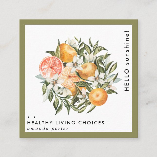 Tangerine Citrus Orchard Boho Botanical Square Business Card (Front)