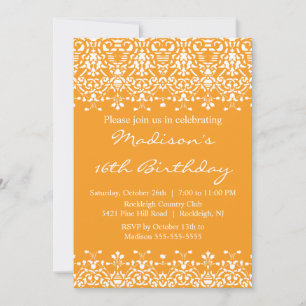 Tangerine Damask Sweet Sixteen Birthday Invitation