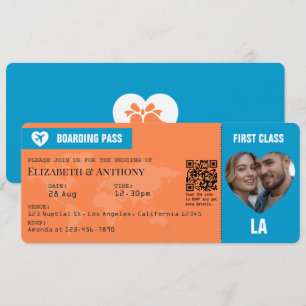 Tangerine & Lagoon Blue Boarding Pass Wedding Invitation