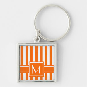 Tangerine Modern Stripe with Monogram Keychain