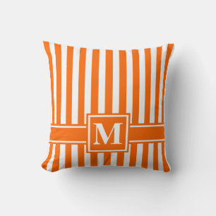 Tangerine Modern Stripe with Monogram Throw Pillow