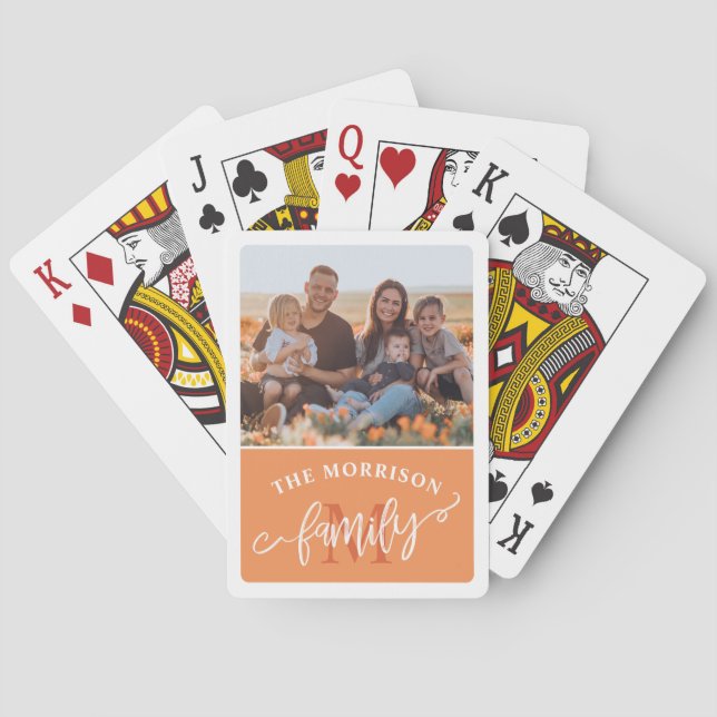 Tangerine Monogram Brush Script Family Photo Playing Cards (Back)