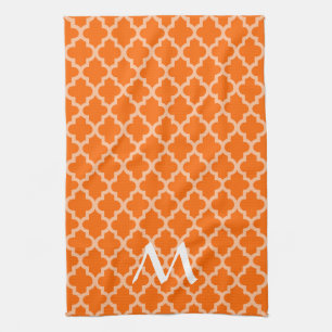 Tangerine Moroccan Moods Quatrefoil with Initial Kitchen Towel