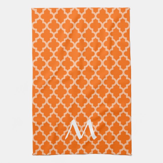 Tangerine Moroccan Moods Quatrefoil with Initial Kitchen Towel (Vertical)