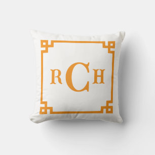 Tangerine Orange Chinoiserie Greek Key Monogram Throw Pillow