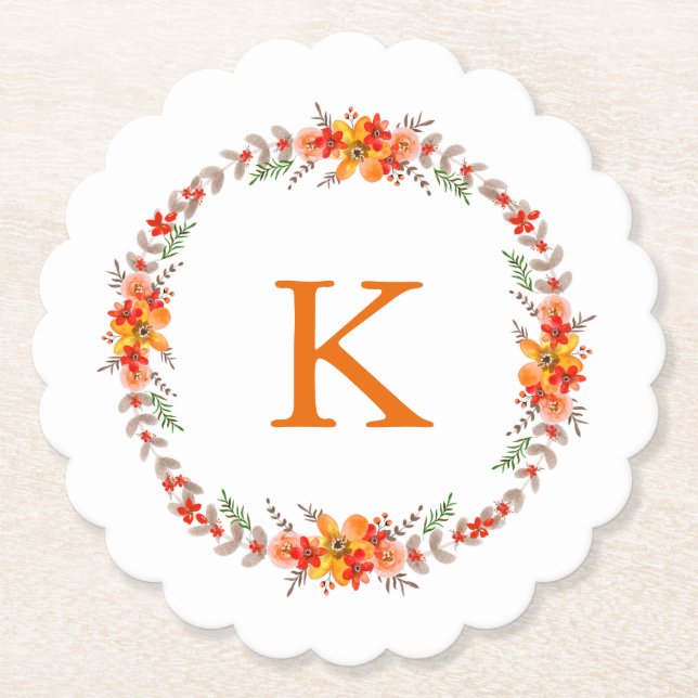 Tangerine Orange Floral Wreath Monogram Wedding Paper Coaster (Front)