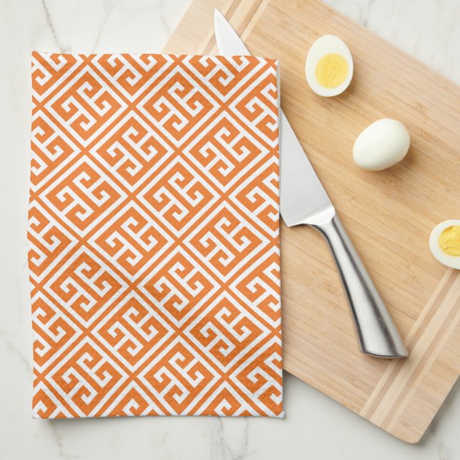 Tangerine Orange Greek Key Pattern Kitchen Towel (Quarter Fold)