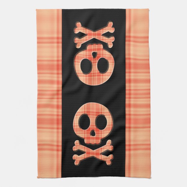 Tangerine Plaid Skull Kitchen Towel (Vertical)