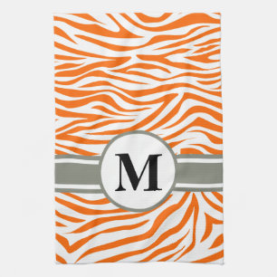 Tangerine Safari Zebra with monogram Kitchen Towel