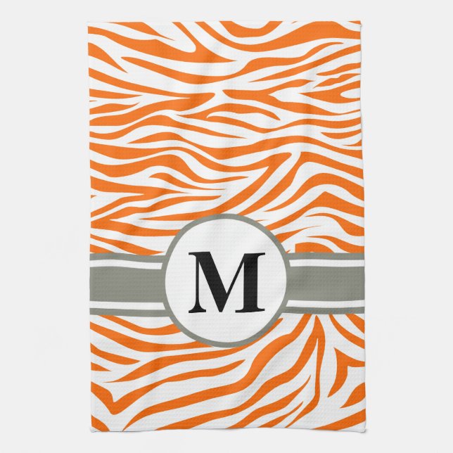 Tangerine Safari Zebra with monogram Kitchen Towel (Vertical)