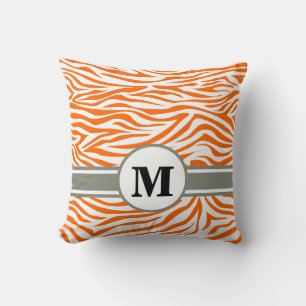 Tangerine Safari Zebra with Monogram Throw Pillow