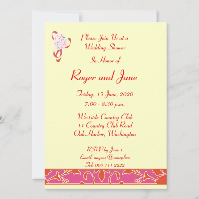 Tangerine Tango, Pink, Damask Bridal Shower Invitation (Front)