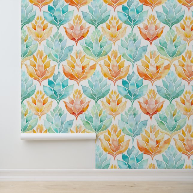 Tangerine Turquoise Abstract Flowers Wallpaper (Application)