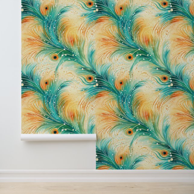 Tangerine Turquoise Abstract Peacock Feathers Wallpaper (Application)