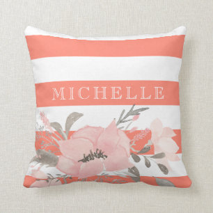 Tangerine   White Floral Personalized Throw Pillow