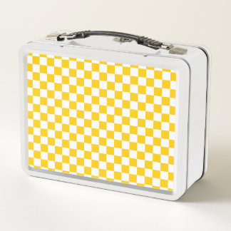Tangerine yellow and white chequerboard metal lunch box