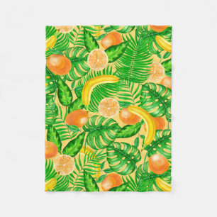 Tangerines, bananas and tropical leaves fleece blanket