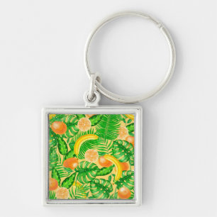 Tangerines, bananas and tropical leaves keychain