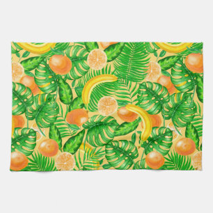 Tangerines, bananas and tropical leaves kitchen towel