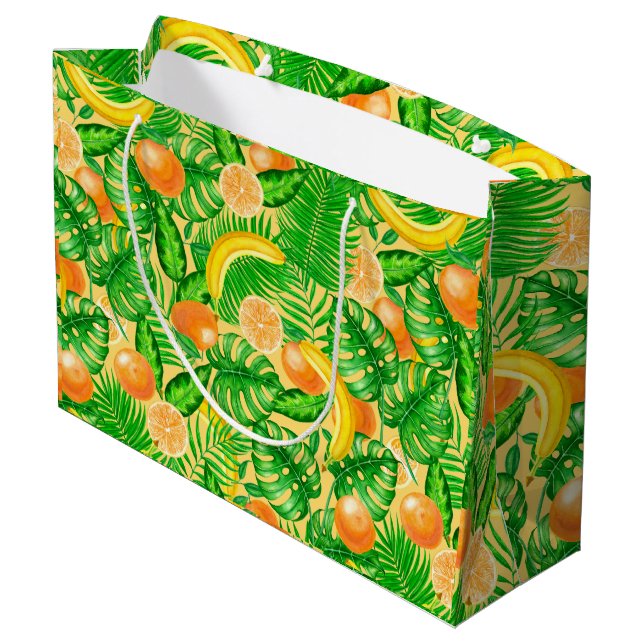 Tangerines, bananas and tropical leaves large gift bag (Back Angled)