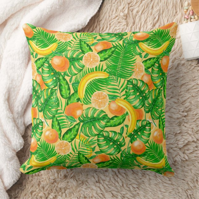 Tangerines, bananas and tropical leaves throw pillow (Blanket)