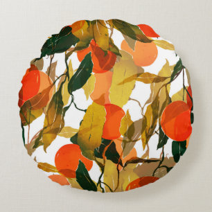 Tangerines tree: juicy seamless pattern. round pillow