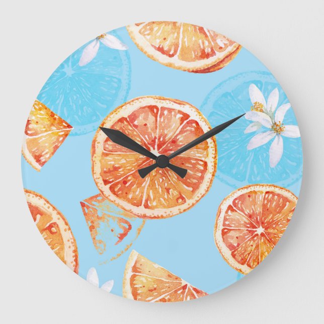 Tangerines Watercolor: Blue Luxurious Fabric Large Clock (Front)