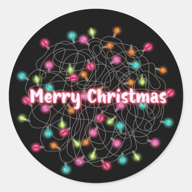 Tangled Christmas Lights Merry Christmas Neon Text Classic Round Sticker (Front)