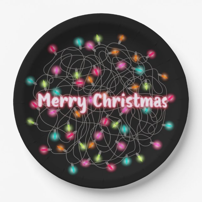 Tangled Christmas Lights Merry Christmas Neon Text Paper Plate (Front)