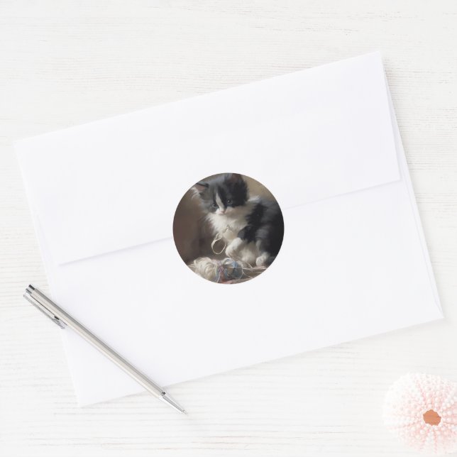 Tangled Up In Fun Black and White Kitten Classic Round Sticker (Envelope)