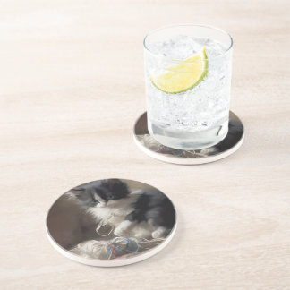 Tangled Up In Fun Black and White Kitten Coaster