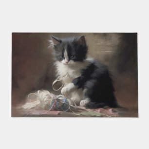 Tangled Up In Fun Black and White Kitten Doormat