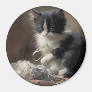 Tangled Up In Fun Black and White Kitten Magnet
