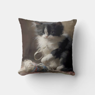Tangled Up In Fun Black and White Kitten Throw Pillow