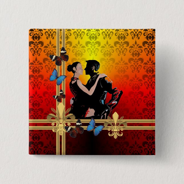 Tango on damask 2 inch square button (Front)