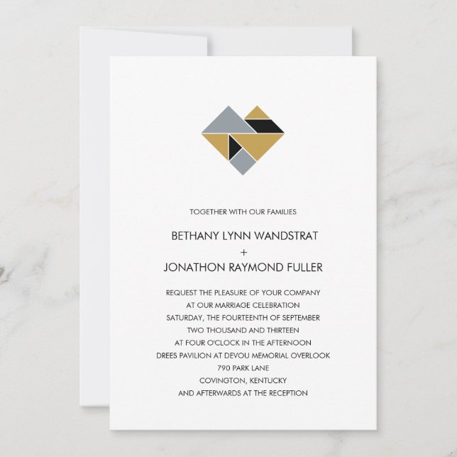 Tangram Heart Wedding Invitation Black Gold Silver (Front)