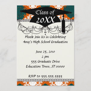tangy orange teal white damask pattern invitation