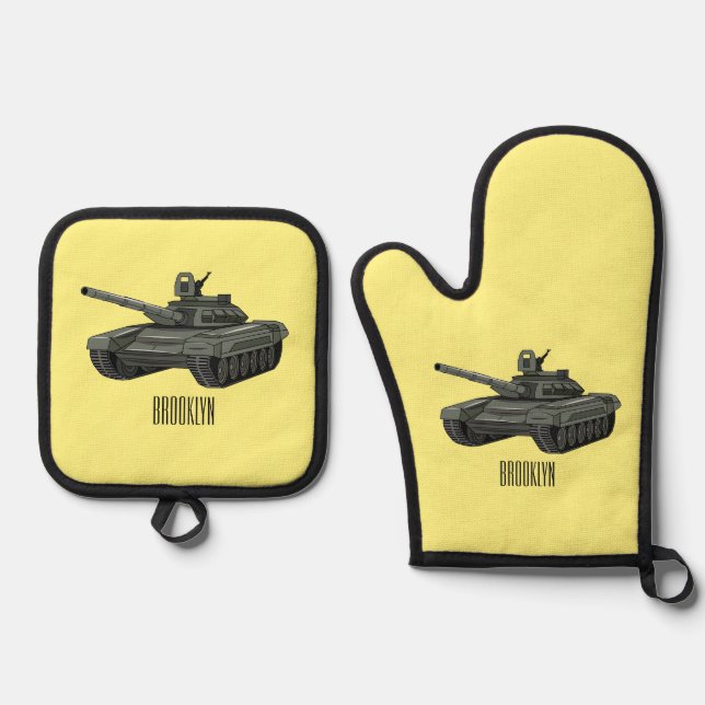 Tank cartoon illustration oven mitt & pot holder set (Front)