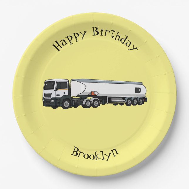 Tanker truck fuel transport cartoon illustration paper plate (Front)