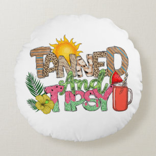 Tanned and Tipsy Fun Summer Party Design Round Pillow