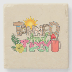 Tanned and Tipsy   Fun Summer Party Design Stone Coaster