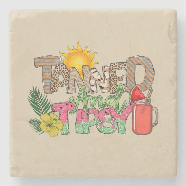 Tanned and Tipsy | Fun Summer Party Design Stone Coaster (Front)