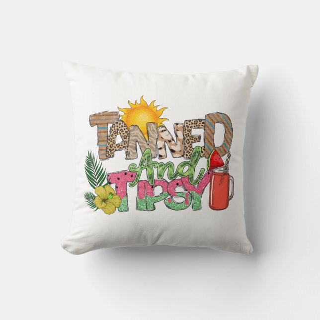 Tanned and Tipsy | Fun Summer Party Design Throw Pillow (Front)