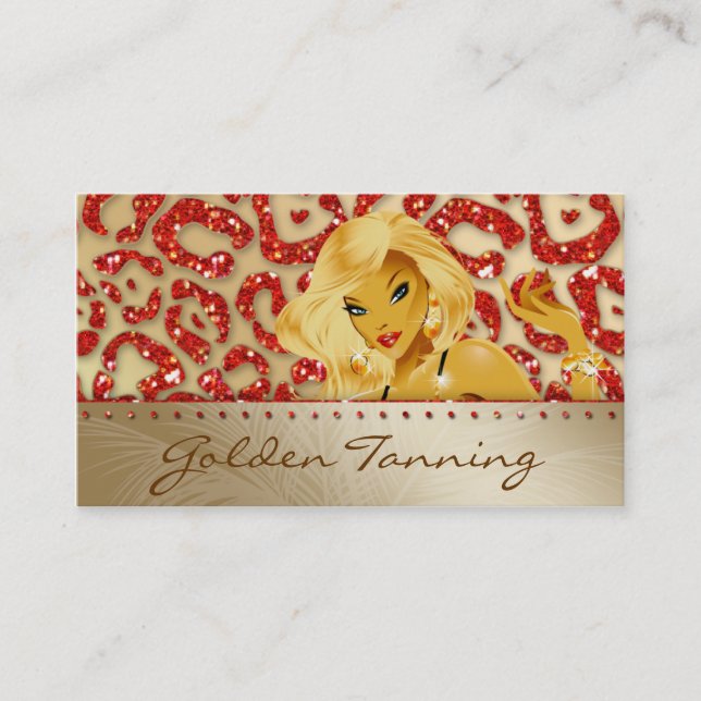 Tanning Business Card Blonde Leopard Orange Gold (Front)