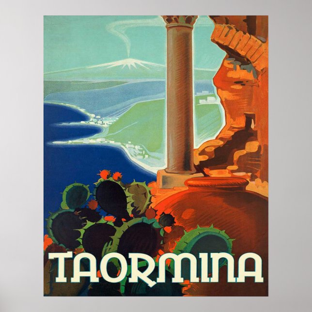 Taormina, paysage, Italie, affiche de voyage vinta (Devant)