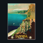 Taormina, Sicily, Italy, view on the coast Postcard<br><div class="desc">Taormina is a hilltop town on the east coast of Sicily. It sits near Mount Etna,  an active volcano with trails leading to the summit. The town is known for the Teatro Antico di Taormina,  an ancient Greco-­Roman theatre still used today.</div>