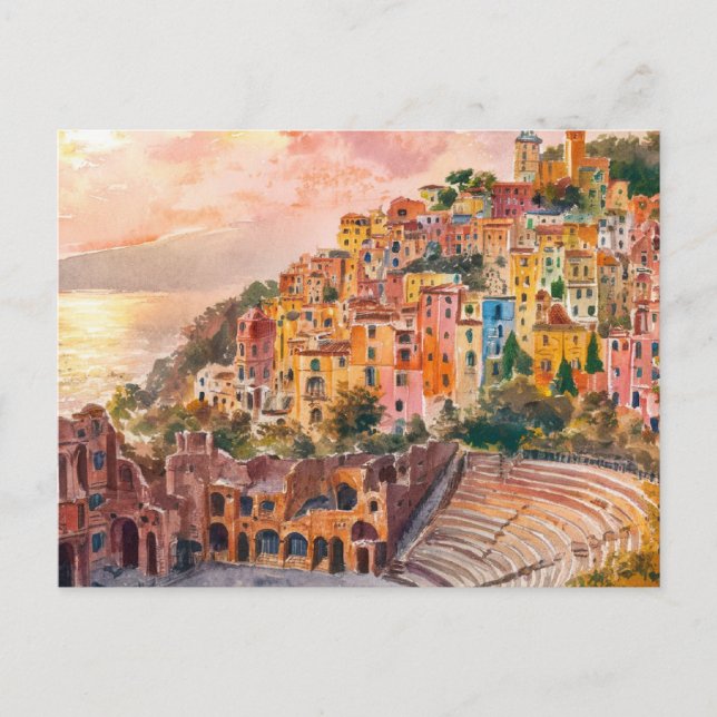 Taormina, Sicily Vintage Painting Postcard (Front)